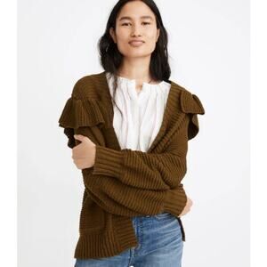Madewell Ruffle Cardigan Sweater 100% Cotton Olive Green Size Small Preppy Fairy